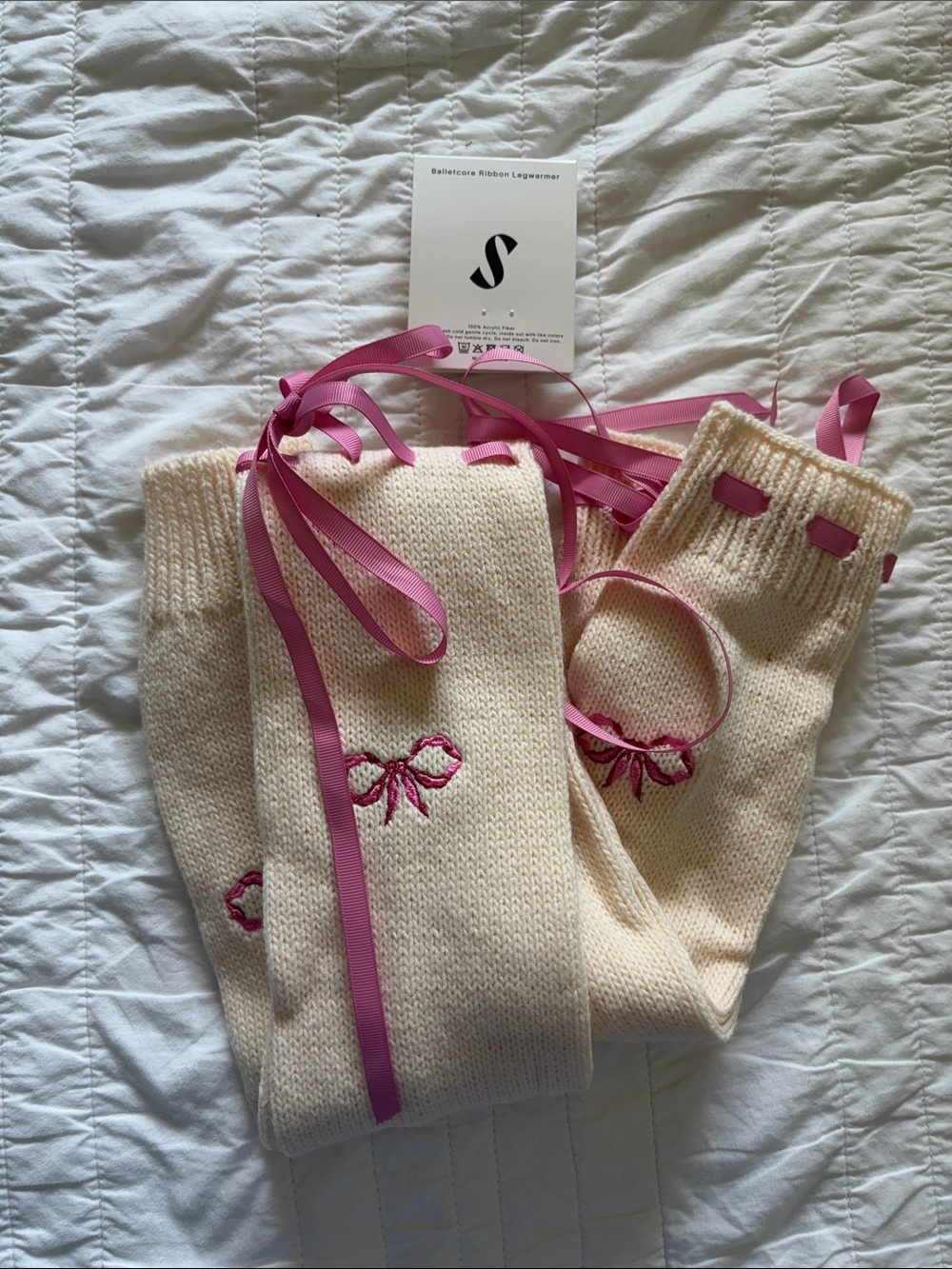 Cream Knit balletcore Legwarmers with Pink Ribbon Bow Detail